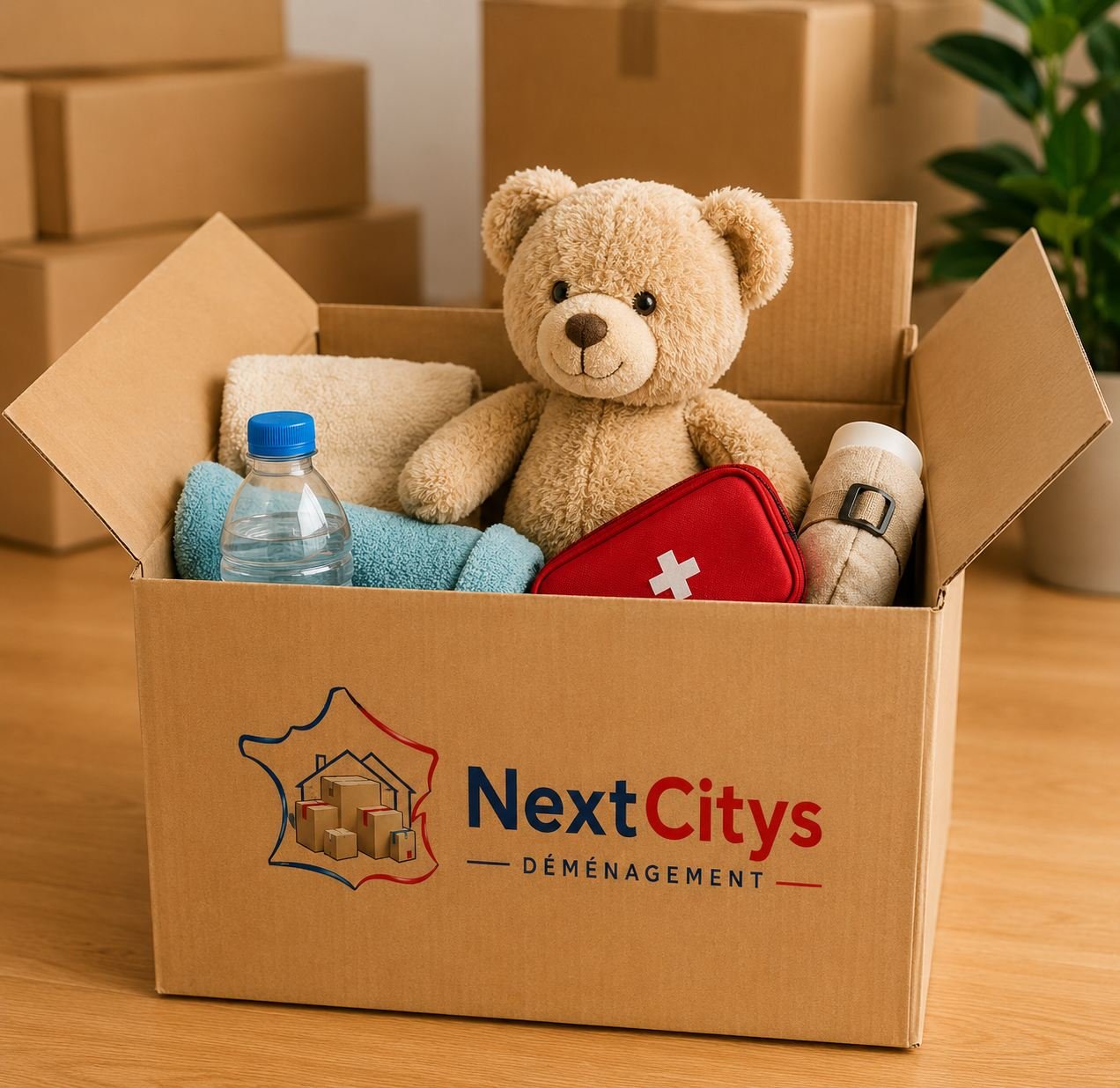 Carton de déménagement avec peluche et affaires essentielles